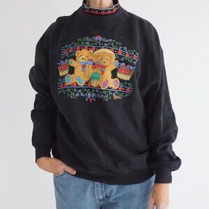 Vintage Morning Sun Black Teddy Bear Fruit Basket Holiday Sweatshirt Cotton L